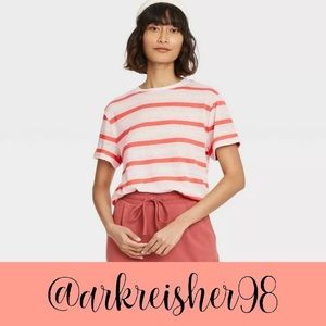 🦄Women's Striped Short Sleeve Linen T-Shirt - A New Day Coral L, Pink